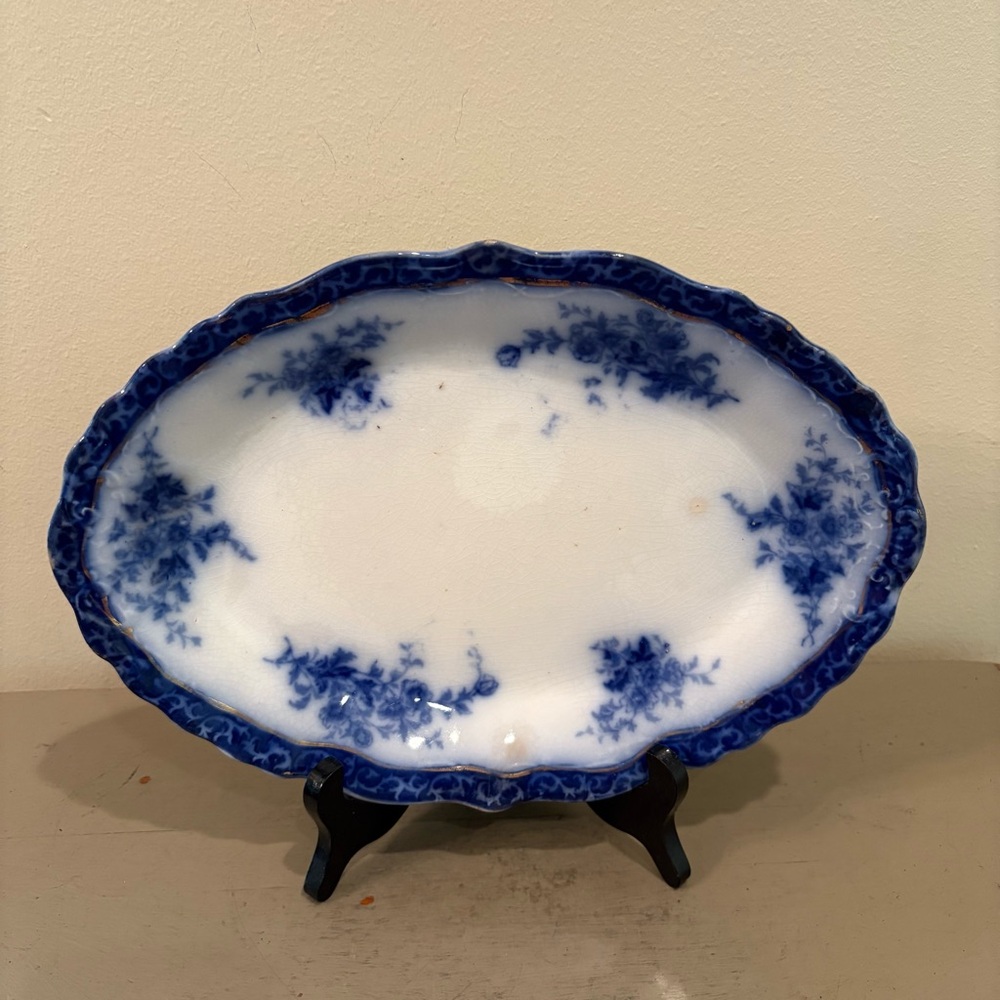 Antique Flow Blue Touraine Pattern Oval Platter
